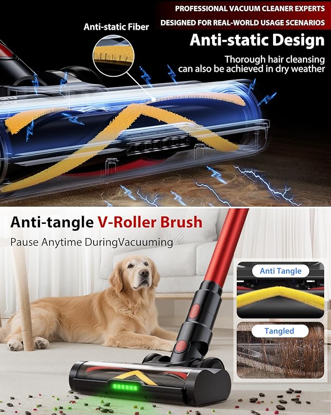 Cordless Vacuum Cleaner 75Mins/55KPa/650W Self-Standing Stick Vacuum Cleaners for Home Rechargeable Lightweight Anti-Static&ampAnti-Tangle Brush for Hard Floor Carpet Hardwoods Pet Hair