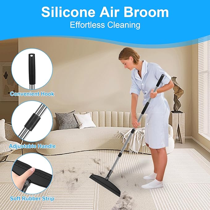 Broom with Dustpan Combo Set and Silicone Air Broom Kit 51 Long Handle Floor Squeegee Black Household Kit for Glass Window Rugs Pet Hair Home