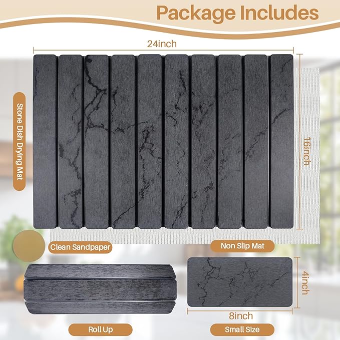 2 PCS Quick Dry Stone Dishes Mats for Kitchen CounterCollapsible Quick Drying Dish MatsUltra Absorbent Diatomaceous Earth Mats for Dishes Bottles Cups Match Any Countertop（Gray 24×16&amp 8x4）
