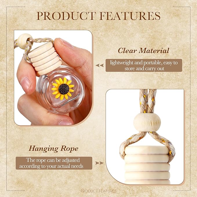 BBTO 50 Pcs Hanging Car Air Freshener Car Diffuser Bottles Empty Glass Perfume Bottle Freshener Diffuser Bottle Pendant for Essential Oil Fragrance Aromatherapy Ornament(ClearSunflower)