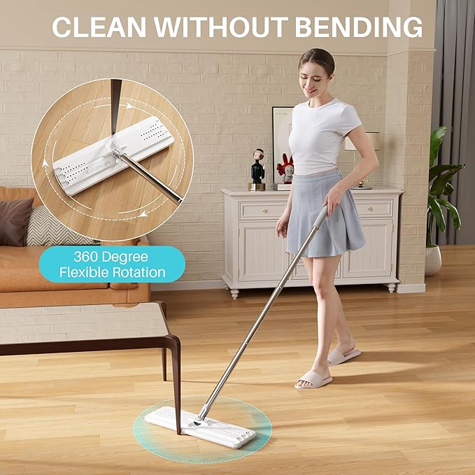 JOYMOOP 8L Large Capacity Flat Mop System with Extension Handle Ideal for Floor Window and Wall Cleaning - Includes 5 Washable Microfiber Pads for Wet and Dry Use