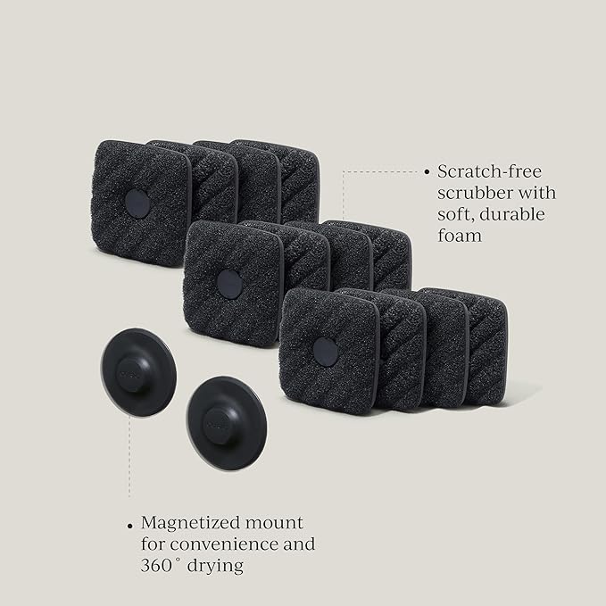 Ionic Non-Scratch Dish Sponges with Magnetized Holder Odor Resistant Synthetic Scrub Sponges 12 Pack Black