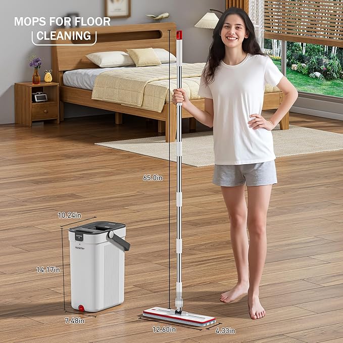 Mop and Bucket Set 3-Tank Flat Mop and Bucket System for Separate Dirty &amp Clean Water 65 Mops for Floor Cleaning with 8 Washable Pads Safe for Hardwood Vinyl Tile Baseboards Walls