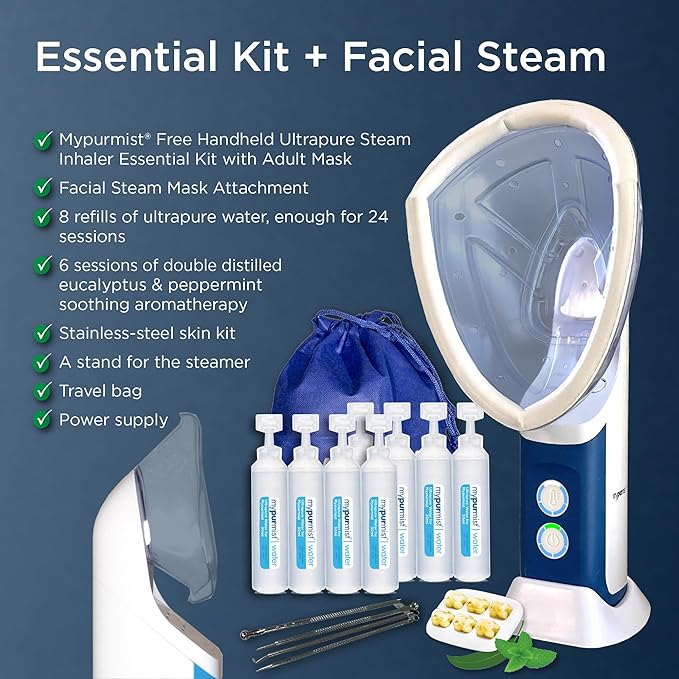 Mypurmist® Essential Kit Plus Facial Steam - Steam Inhaler &amp Facial Steamer Combo Personal Handheld Steam - Sinus Congestion Cold Cough Relief Vocal Care Skincare (Plug-in)