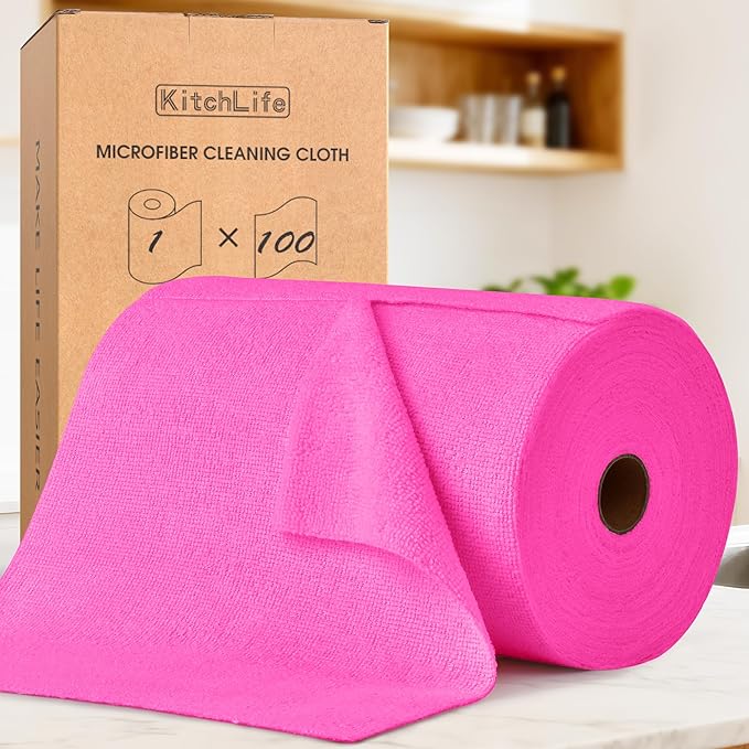 KitchLife Microfiber Cleaning Cloth Roll 100 Pack - Tear-Away Microfiber Paper Towels Lint-Free Reusable Washable for Kitchen Car Dishes and Sensitive Surfaces (Hot Pink)