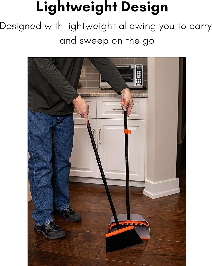 BirdRock Home Broom and Dustpan Set - Lobby Dust Pan - Orange and Grey Durable Set - Indoor or Outdoor - Sweep Combo Great for Kitchen Home Garage and Office - Clip On Self Cleaning Bristles