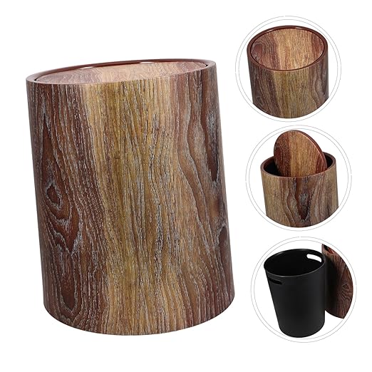 Kitchen Trash Can Swing Lid Imitation Wood Grain Design Capacity for Home Office and Bathroom Easy to Clean Wastebasket