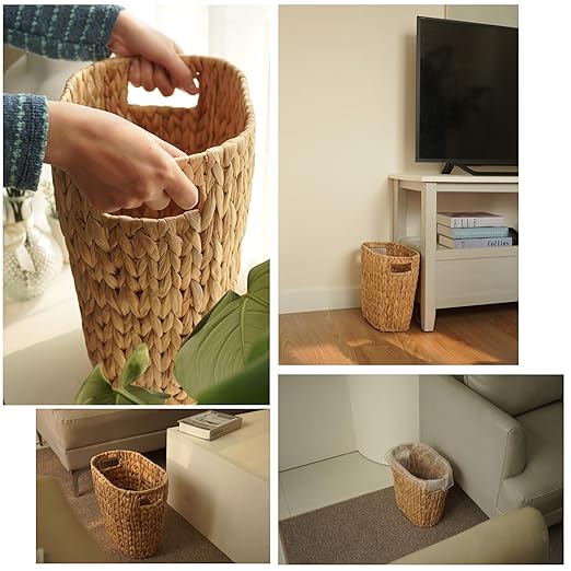 4 Gallons Wicker Waste Basket for Bathroom - Water Hyacinth Wicker Trash Can – Kitchen Bathroom Garbage Can Oval Magazine Basket - Desk Trash Can Office Garbage Can with Open Top Handles