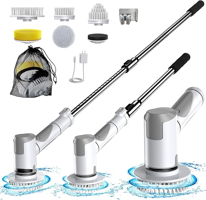 Electric Spin Scrubber Scrub Brush Dual Speed Power Shower Scrubber with 6 Replacement Head Cordless Cleaning Brush with Extension Handle for Bathtub Grout Tile Floor White