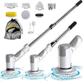Electric Spin Scrubber Scrub Brush Dual Speed Power Shower Scrubber with 6 Replacement Head Cordless Cleaning Brush with Extension Handle for Bathtub Grout Tile Floor White