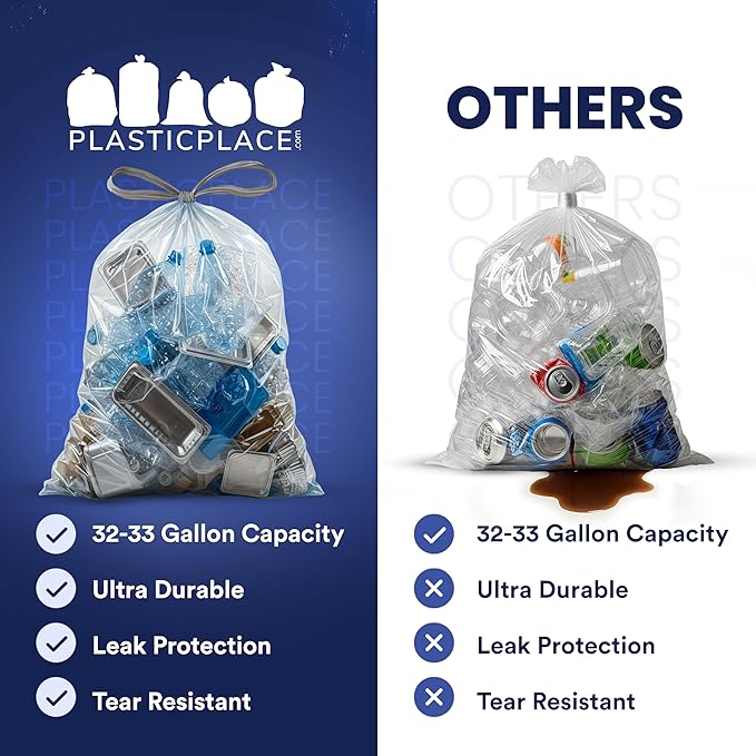 Plasticplace 32-33 Gallon Recycling Bags │ 0.9 Mil │ Clear Drawstring Garbage Can Liners │ 33 x 38 (100 Count)
