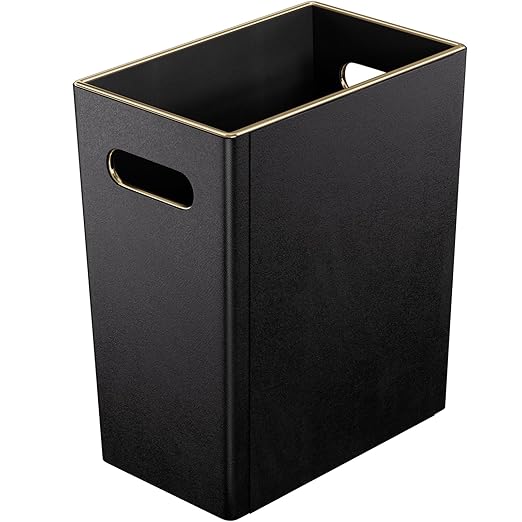 Black 3 Gallon Waste Basket 4 Gallon Trash Can Office Wastebasket with Gold-Tone Edging Decoration for BathroomPu Leather Waste Bins for Toilet Bedroom Living Room Office Home Modern Decor