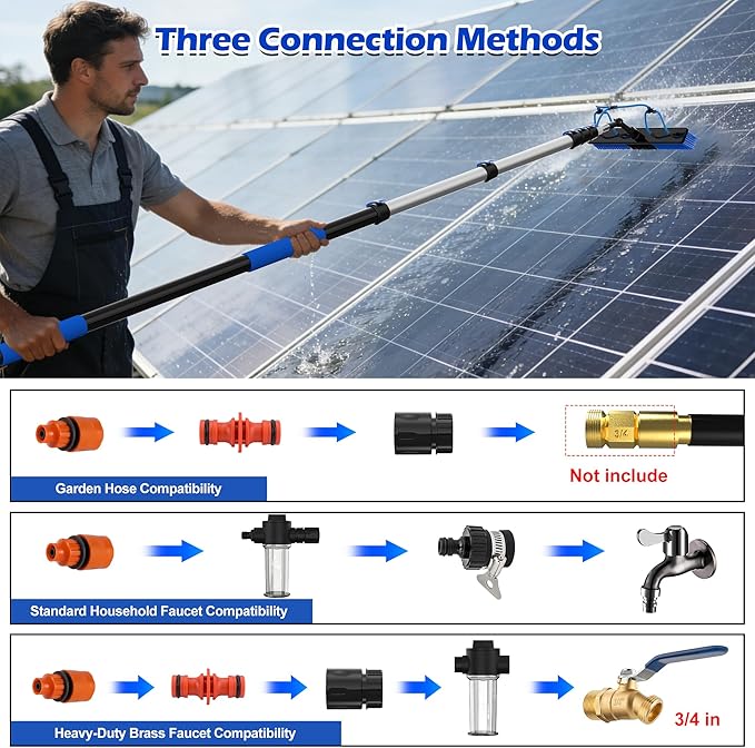 26Ft Reach Solar Panel Cleaning Brush Kit with 5-20ft Telescoping Pole - Telescopic Extension Pole with Dual Action Flip-Lock &amp Screw Fixing Design Ideal for Snow Removal Windows Boats RVs De