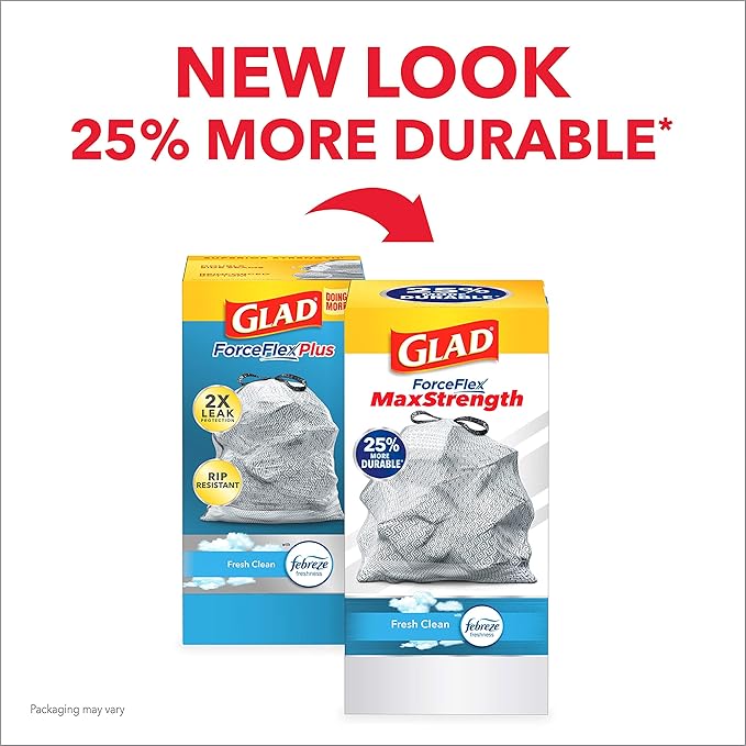 Glad ForceFlex MaxStrength Tall Kitchen Drawstring Trash Bags 13 Gallon Fresh Clean Scent with Febreze Freshness 34 Count