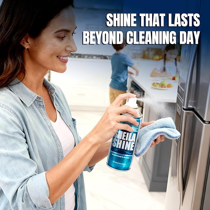 Sheila Shine 12 x 10oz Stainless Steel Cleaner and Polish With Cloth - Cleans Polishes &amp Protects Kitchen Appliances Refrigerators Sinks Ovens &amp Grills - Stainless Steel Fridge Cleaner