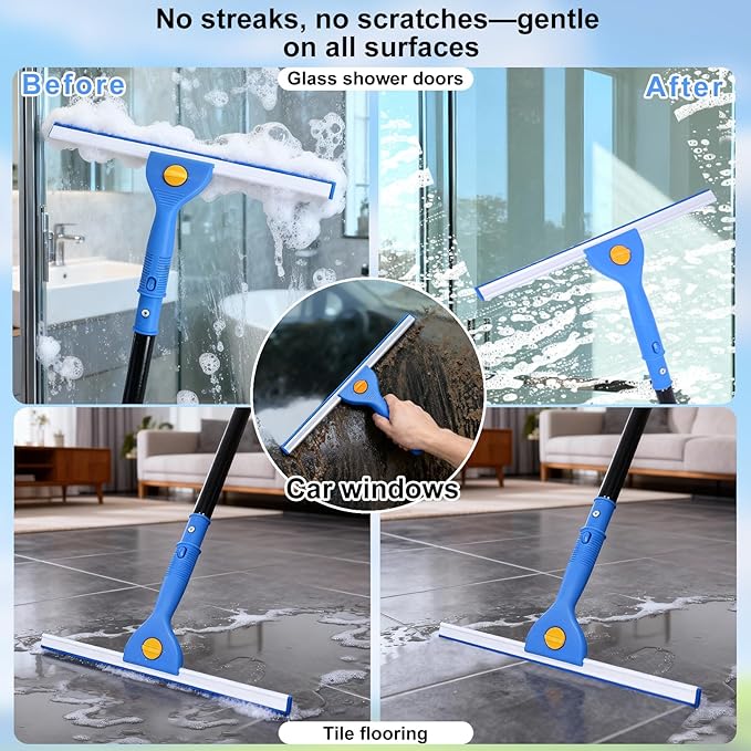 3-in-1 Professional Window Squeegee Kit with 2 Squeegee 2 Microfiber Scrubber 1 Razor Scraper Thick Iron 77.5 Window Squeegee with Extension Pole for Car Glass Mirror Wall Bathroom Home Van