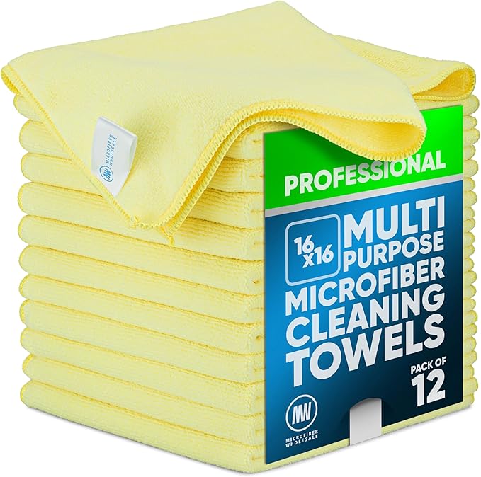 Microfiber Wholesale MW Pro 16x16 Commercial Cleaning Rags - Professional Janitorial Supplies for Dusting Office &amp Heavy Duty Cleaning - Multi-Surface Dusters (Yellow 12-Pack)