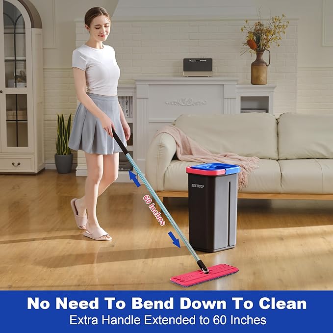 JOYMOOP Microfiber Flat Mop and Bucket System Mops for Floor Cleaning and Wall Cleaner Hardwood Tile Laminate Vinyl Floors Smooth Walls and Glass Windows - 60 Flat Mop+3 Microfiber Pads[Black]