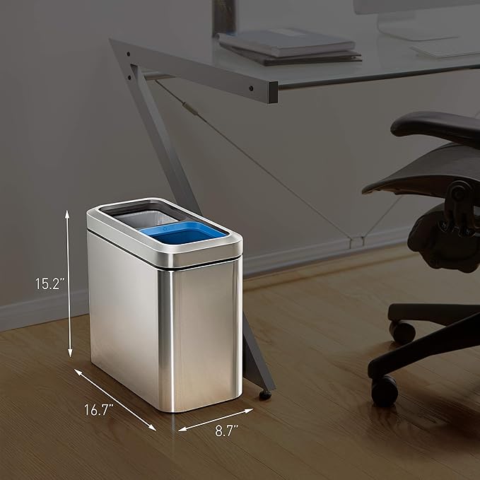 simplehuman 20 Liter / 5.3 Gallon Dual Compartment Recycling Can Slim Open Top Office Trash Can Commercial Grade Heavy Gauge Small Trash Can Dark Bronze Stainless Steel