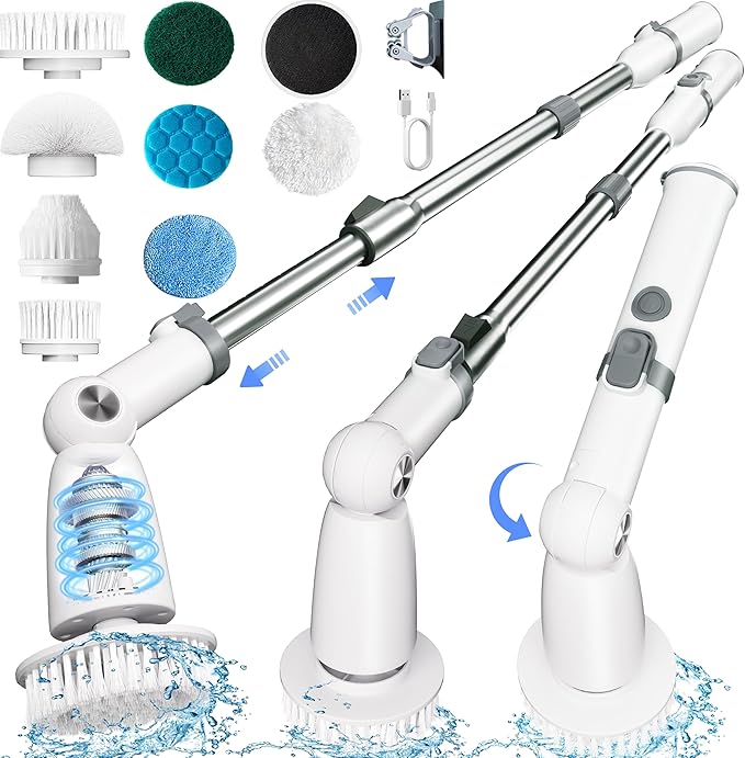 Electric Spin ScrubberFloor Power Scrubber with Long Handle Dual SpeedsCleaning Brush CordlessShower Scrubber Scrub Brush with 3 Adjustable Angles8 Brush Heads for Bathroom Tile