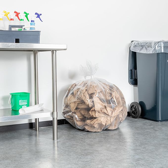 Restaurantware-RW Clean 45 Gallon Trash Bags 100 Heavy-Duty Garbage Can Liners- Fits 40-45 Gallon Trash Cans Stretchable Clear Plastic Bin liners with Star Seal Bottom