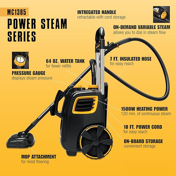 McCulloch MC1385 Deluxe Canister Steam Cleaner 2-Hour Runtime Chemical-Free 23 Accessories: Mop Head Brushes &amp More - Built for Home Tile Carpet Furniture &amp Personal Car Detailing