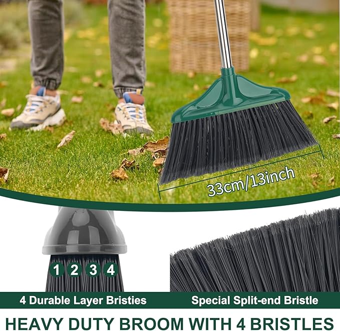 4 PCS Heavy Duty Broom Outdoor/Indoor Commercial Broom with 61 Long HandlePerfect for Home Garage Kitchen Office Lobby Room FloorBlack and Green