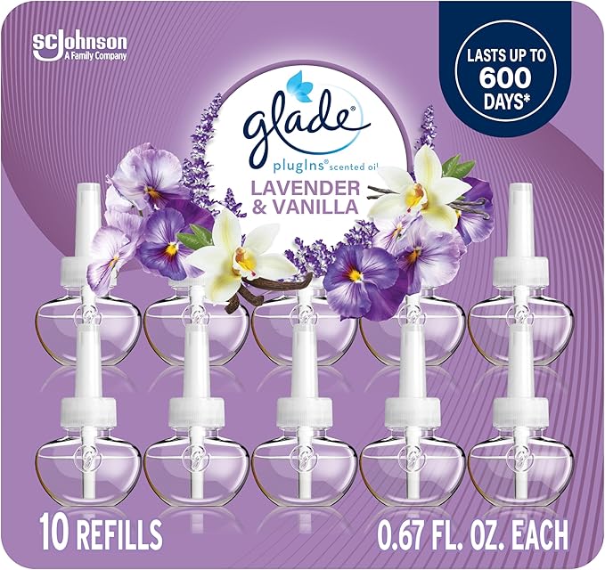 Glade PlugIns Refills Air Freshener Scented and Essential Oils for Home and Bathroom Lavender &amp Vanilla 6.7 Fl Oz 10 Count