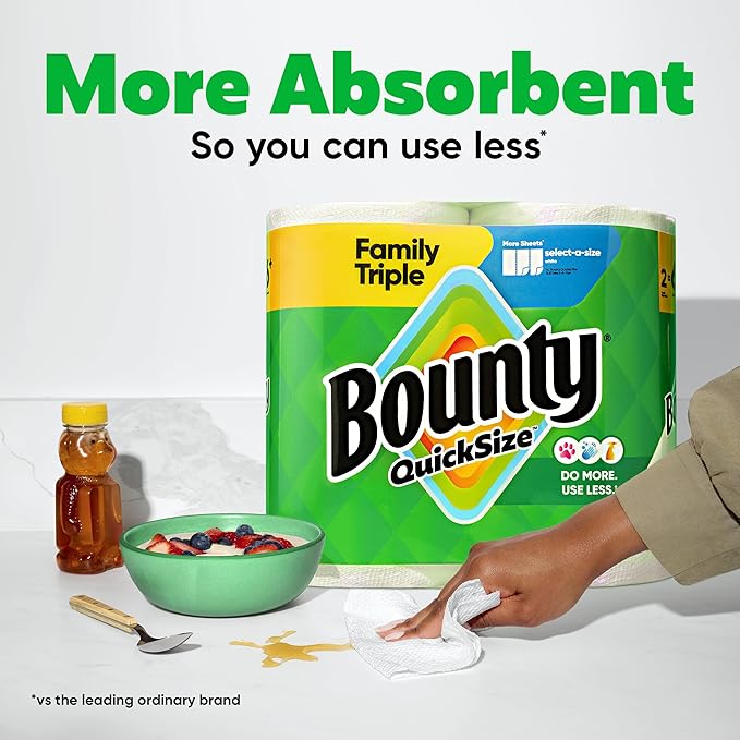 Bounty Quick-Size Paper Towels White 8 Family Triple Rolls = 27 Regular Rolls