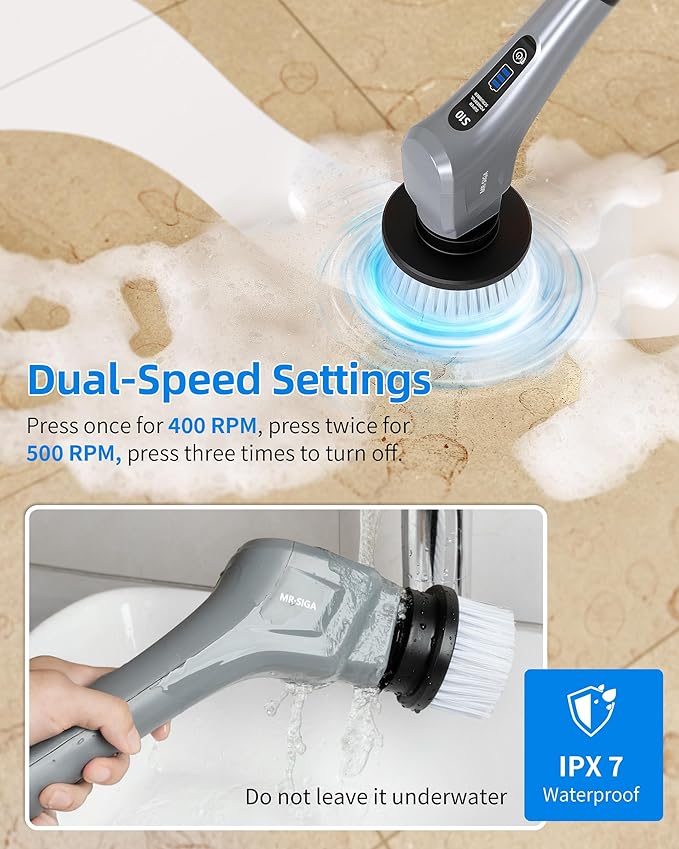 MR.SIGA Electric Spin Scrubber Cordless Cleaning Brush Shower Scrubber with 7 Replaceable Brush Head Waterproof Bathroom Power Scrubber for Kitchen and Bathroom Cleaning
