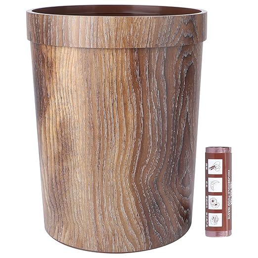 Vintage Style Trash Can 10L Plastic Wastebasket with Wood Grain Texture Bedroom and Living Room Garbage Bin Home Office Trash Container with 1 Roll