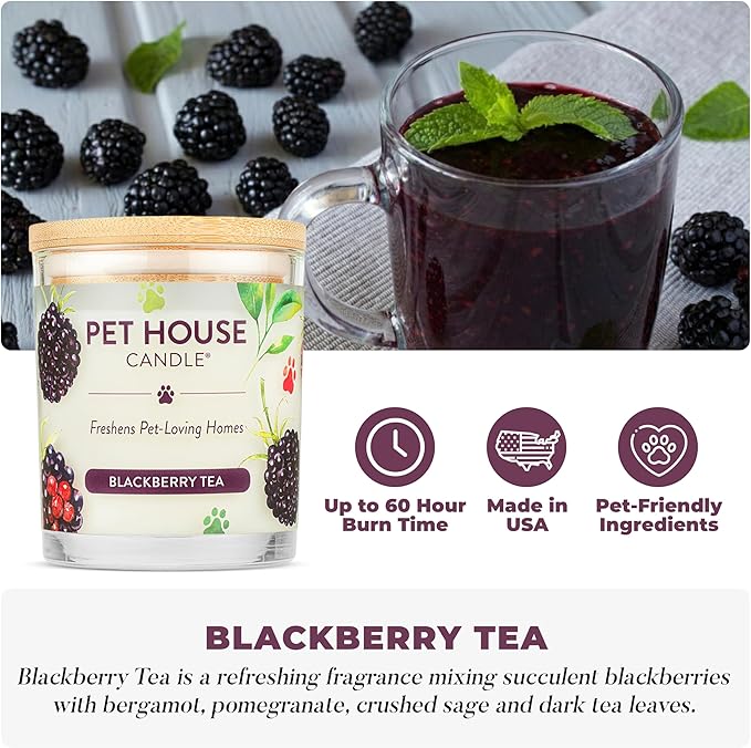 Pet House Candles Scented Pet Friendly Candles Clean Burning Plant-Based with a Natural Fiber Wick - BlackBerry Tea 9 oz 2 Pack