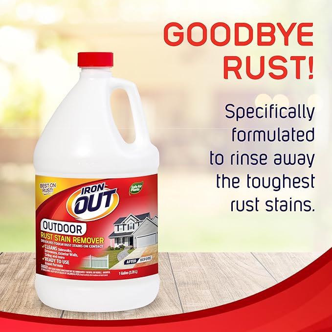Iron OUT Liquid Rust Stain Remover Pre-mixed Quickly Removes Rust Stains from Concrete Vinyl and Other Outdoor Surfaces No Scrubbing Safe to Use Made in the USA 1 Gallon