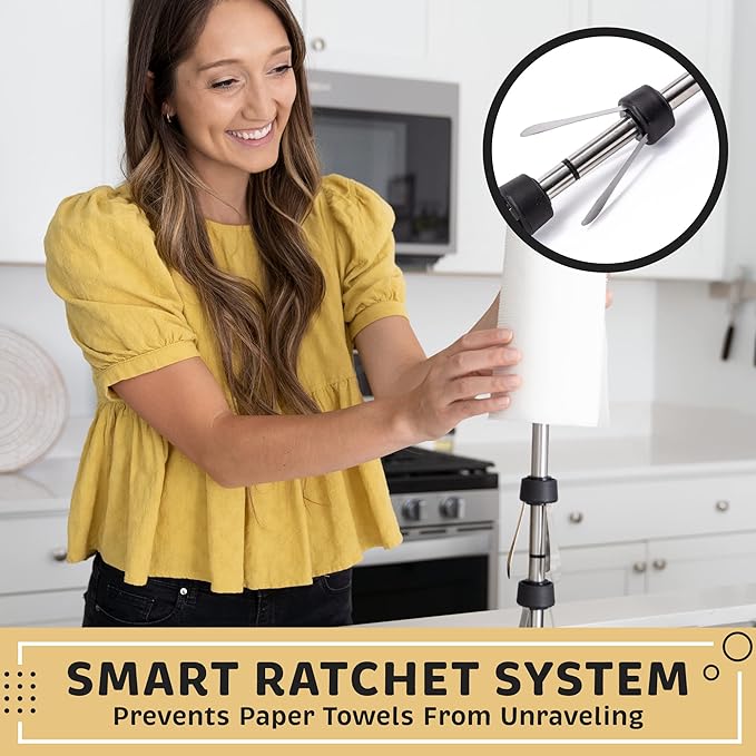 Heavy-Duty Stainless Steel Paper Towel Holder - Easy One-Handed Tear with Suction Cups - Modern Weighted Standing Countertop Dispenser for Kitchen - Holds All Paper Towel Rolls Silver
