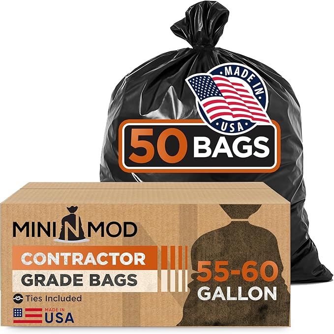 Contractor Garbage Bags 55 Gallon Heavy Duty | 50 Count | Construction Bags Heavy Duty with Ties | 55-60 Gallon Trash Bag for Contractors