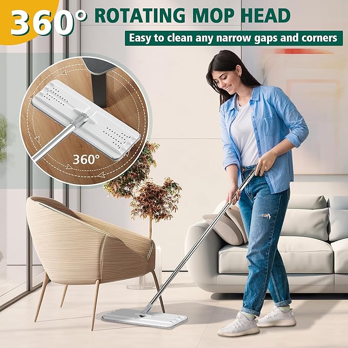 Mop and Bucket with Wringer Set Hands Free Flat Floor Mop and Bucket 3 Washable Microfiber Pads Included Wet and Dry Use Home Floor Cleaning System for All Floor Types and Windows