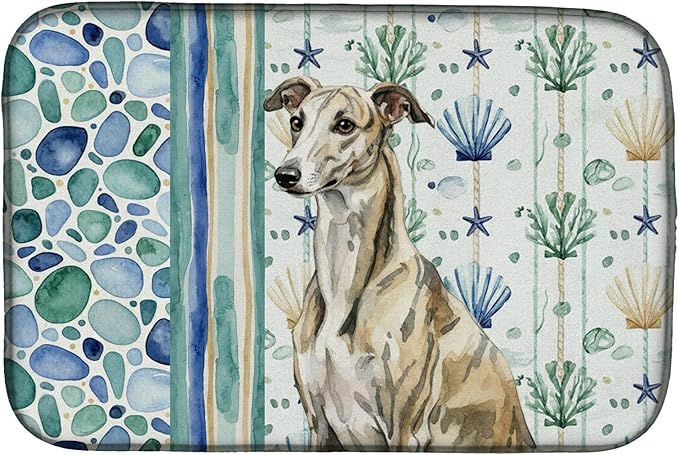 Caroline's Treasures Brindle Whippet Coastal Sea Glass Dish Drying Mat Absorbent Dish Drying Mat Pad for Kitchen Counter Dish Drainer Mat for Countertop 14 x 21 Multicolor