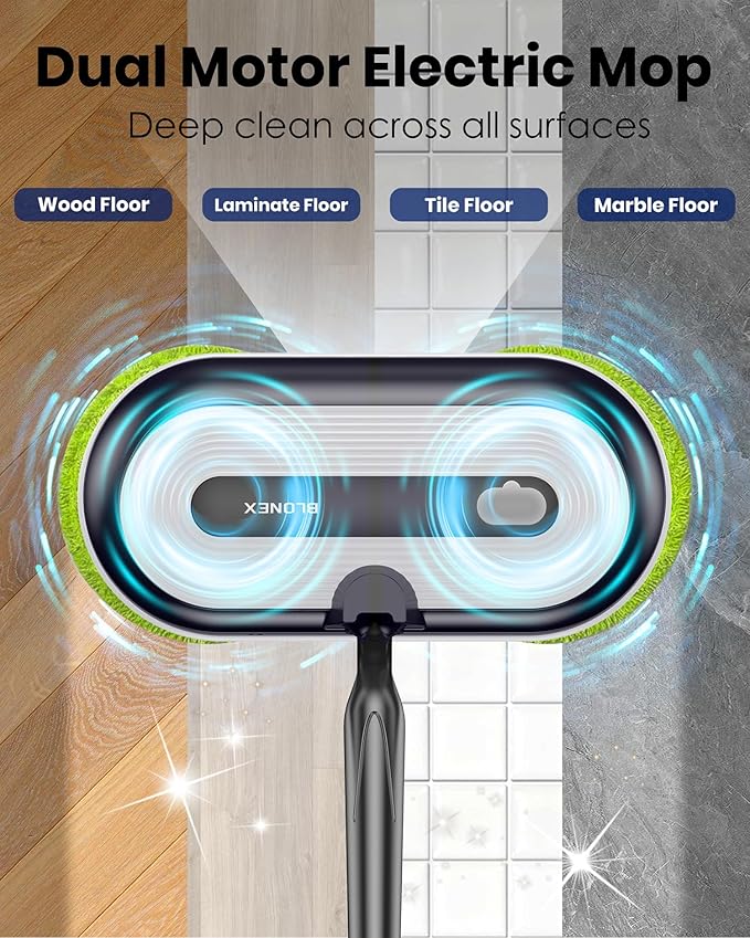 Cordless Electric Mop Electric Spin Floor Mop with LED Headlights &amp Water Sprayer Long-Lasting Battery Large 290ml Tank Self-Propelled Floor Cleaner with Adjustable Tube for All Floors