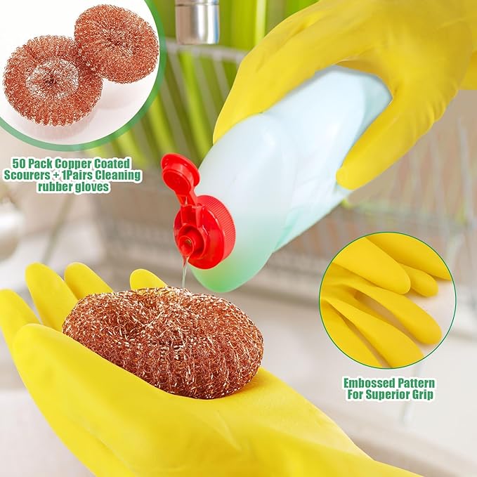Hushee 50 Pack Copper Coated Scourers Rust Resistant Scrubbing Scouring Pad with 1 Pair of Rubber Household Cleaning Gloves Heavy Duty Copper Mesh Scourer for Dishes Pots Pans and Ovens
