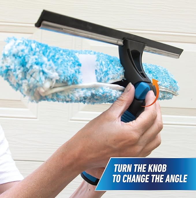 Unger Professional Connect and Clean 18” Proflex 2-in-1 Squeegee and Scrubber High Access Window Cleaning Tool with Pivoting Head Commercial and Residential Use Reusable Microfiber Sleeve