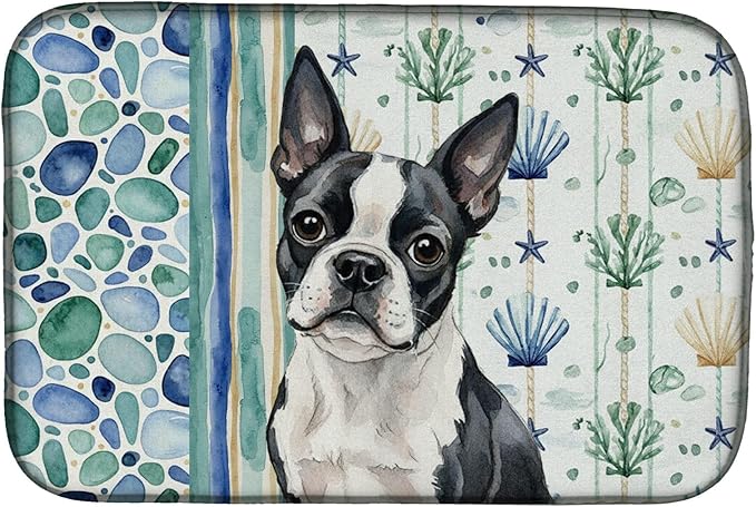 Caroline's Treasures Boston Terrier Coastal Sea Glass Dish Drying Mat Absorbent Dish Drying Mat Pad for Kitchen Counter Dish Drainer Mat for Countertop 14 x 21 Multicolor