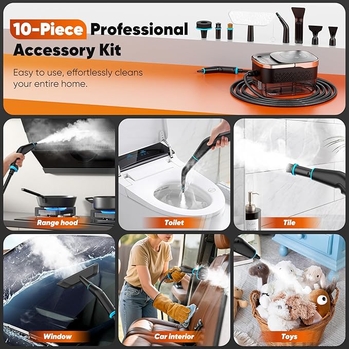 Steam Cleaner 2500W Pressurized Heavy Duty Handheld Steamer with 1.32QT Tank &amp 10 Attachments – for Kitchen Bathroom Car Floors Tile Furniture Couch Windows (Black/Gold)
