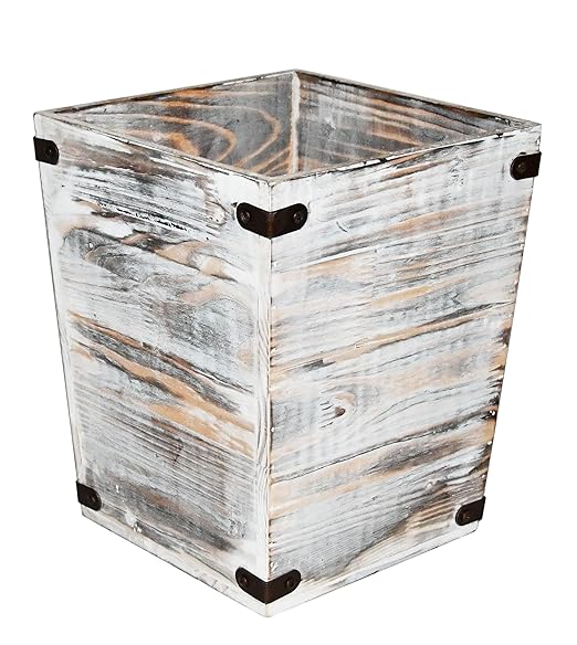Owlgift Decorative Rustic Whitewashed Wood Trash Can Farmhouse Stylish Wooden Waste Basket Near Desk Square Garbage Cans Trashcan with Metal Brackets for Office Bedroom &amp Bathroom