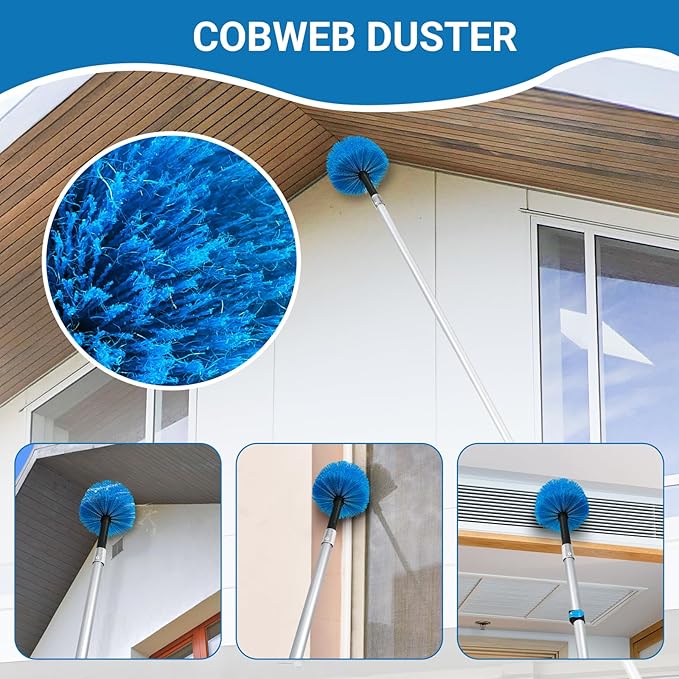 20FT High Ceiling Fan Duster with 5-12FT Extension Pole Extendable Reusable Cobweb and Bendable Feather Duster Kit for Cleaning Spiderweb and Dust