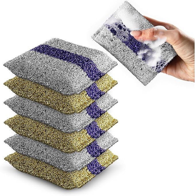 HELOMOR 6 Pack Dish Wash Sponges for Kitchen Heavy Duty Non Scratch Dish Sponge Wire Scrub Sponges for Cleaning Cookware Glass Countertops Pans Pots with Special Scrubbing Strip