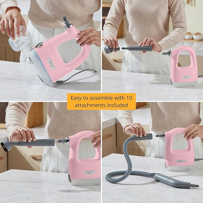 SALAV® CleanSteam Compact Steam Cleaner Pressurized Multi-Surface Handheld Steamer w/11pc Accessories Safety Lock No-Drip Fast Heat Time Unlimited Use for Cleaning Windows Tiles Grout Car (Pink)