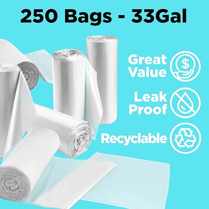 30-33 Gallon Clear Trash Bags Heavy Duty (250 COUNT) - Clear Recycling Garbage Bags 30+ Gallon 32 Gallon - Made in USA