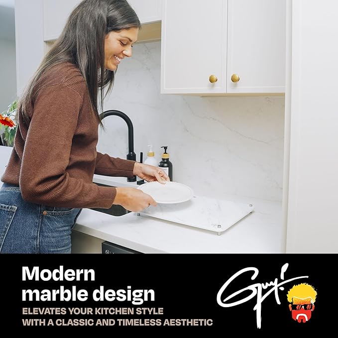Guy Fieri’s Flavortown Stone Dish Drying Mat 16x12 with Anti-Slip Stainless Steel Feet Kitchen Counter Mat Durable Stone Drying Rack for Dishes and Glassware Gray Dark Marble