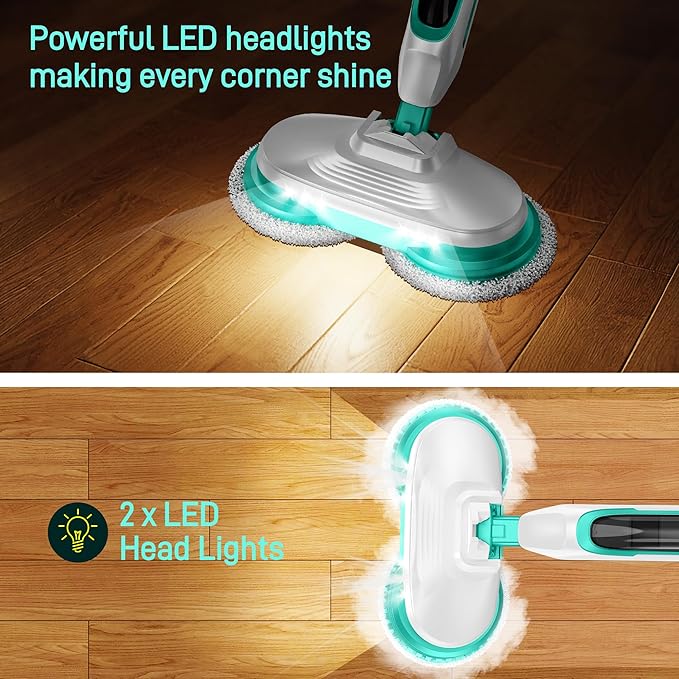 Scrubbing Steam Mop with Rotating Mop Pads All-in-One Hard Floor Cleaner with LED Headlights &amp Swivel Steering