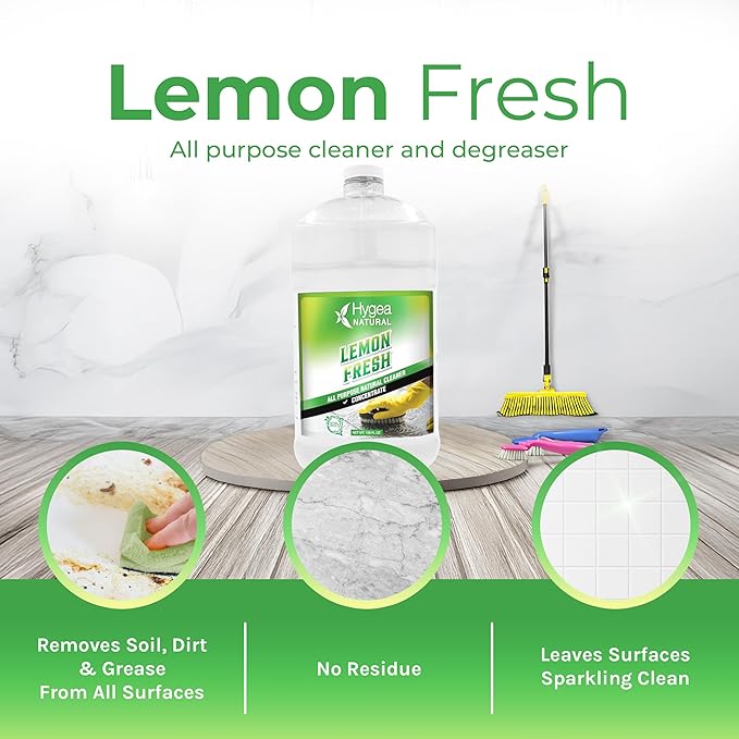 Hygea Natural Lemon Fresh Concentrated All Purpose Cleaner - Non Toxic - Removes Soil Dirt &amp Grease - Wet Gloss Finish - Biodegradable pH-Neutral &amp Ammonia Free (128oz Concentrated Gallon)